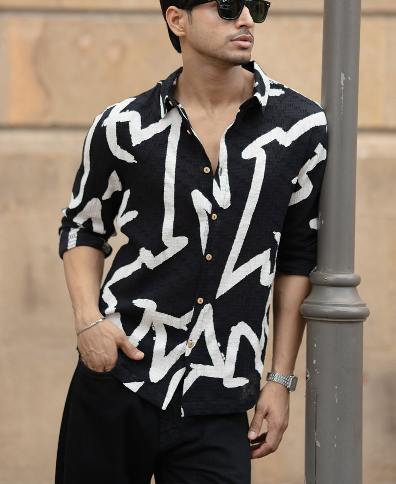 Black Abstract Line Print Shirt.