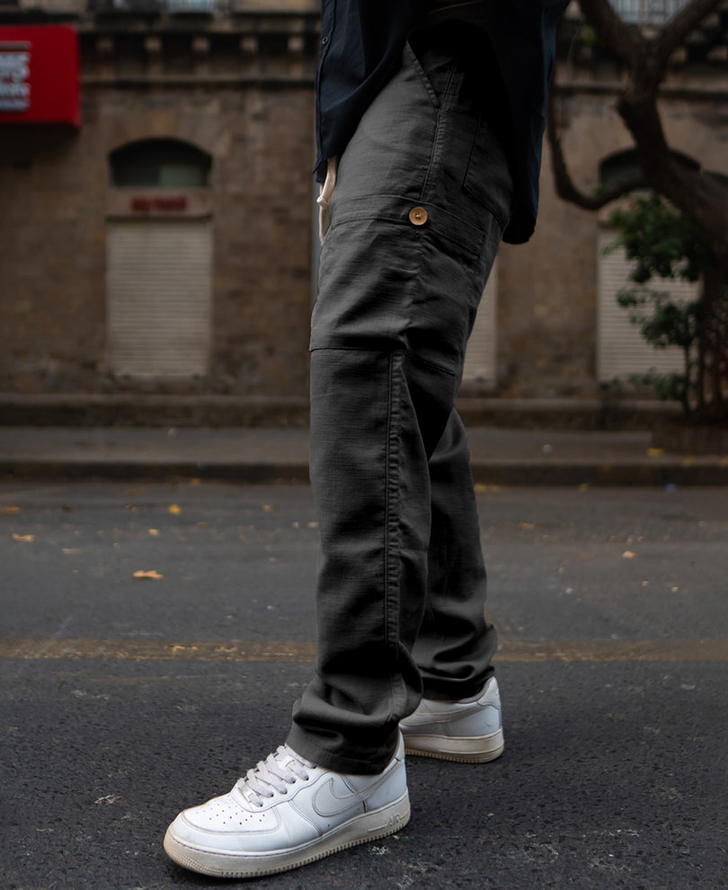 Black Cotton Cargo Trousers.