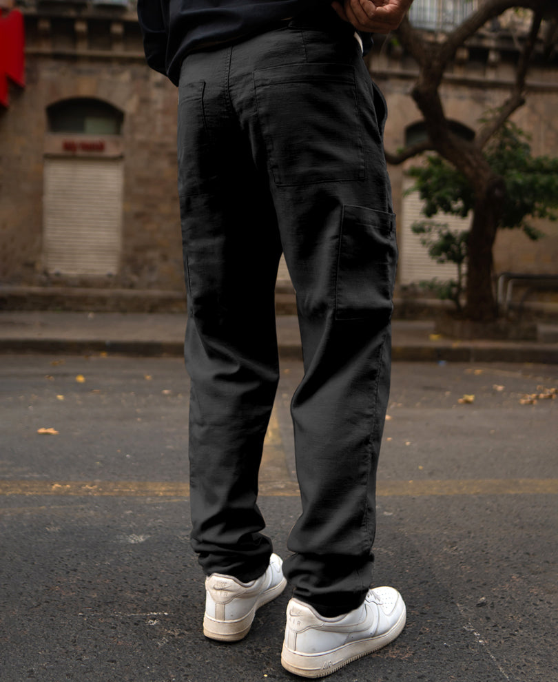 Black Cotton Cargo Trousers.