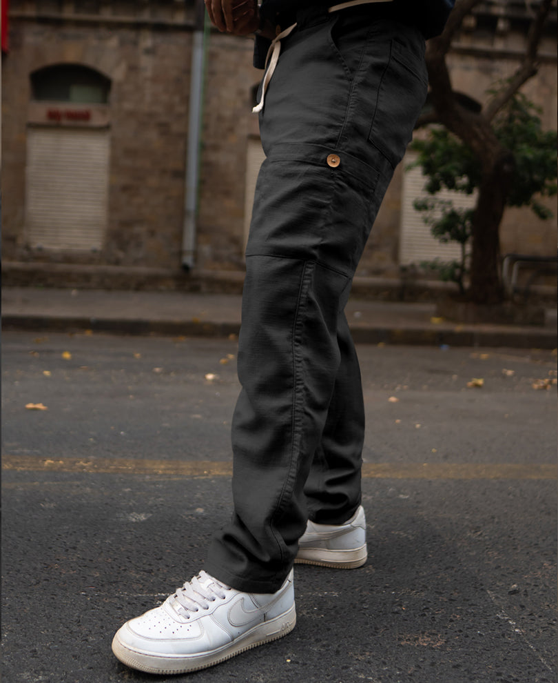 Black Cotton Cargo Trousers.
