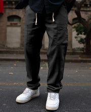 Black Cotton Cargo Trousers.