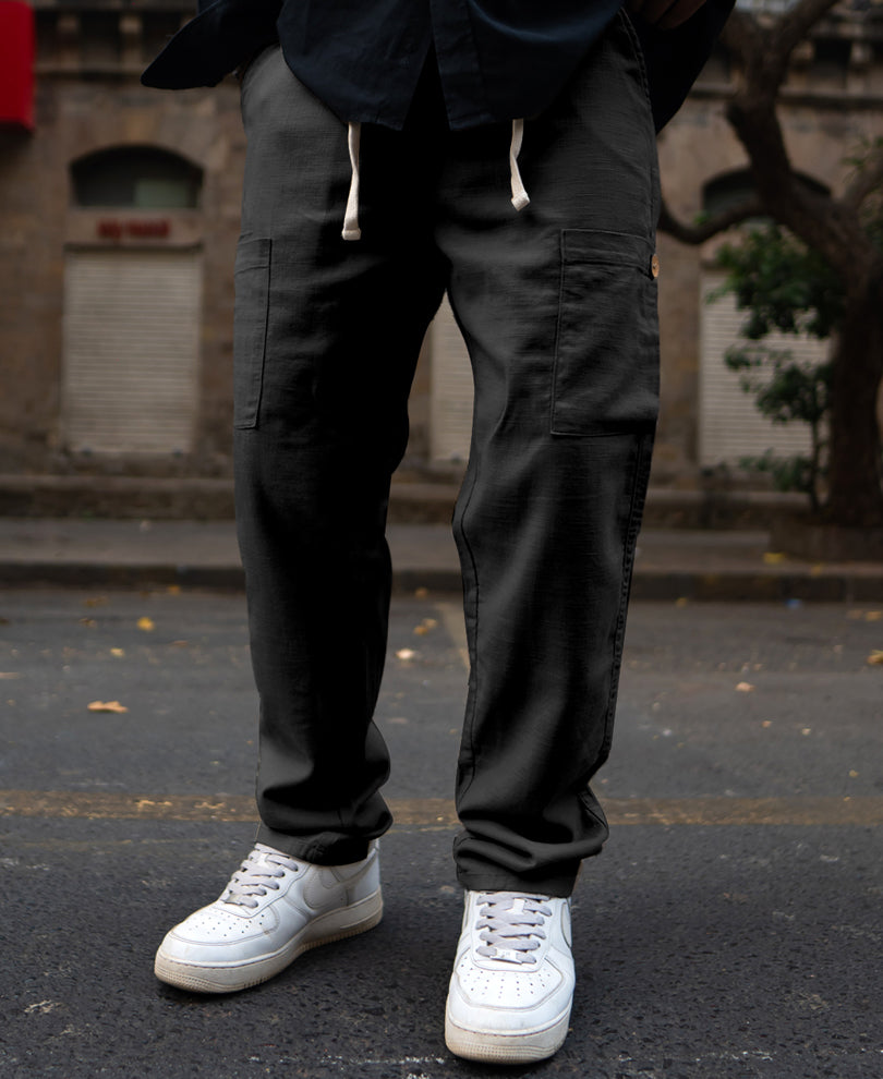 Black Cotton Cargo Trousers.