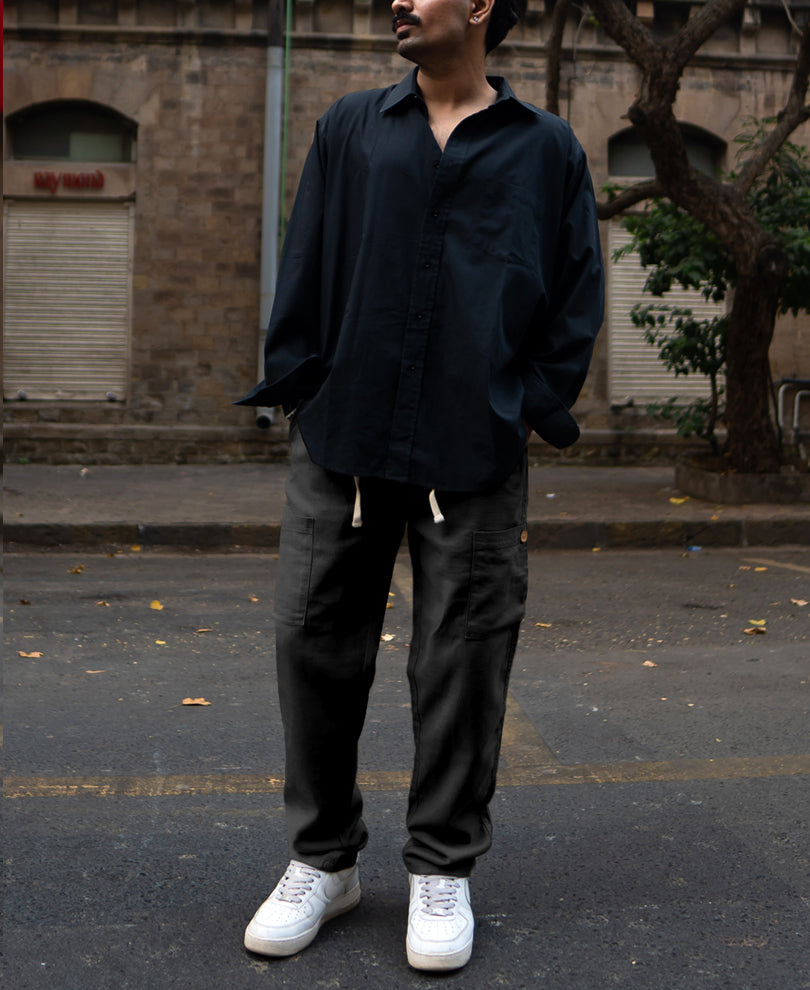 Black Cotton Cargo Trousers.
