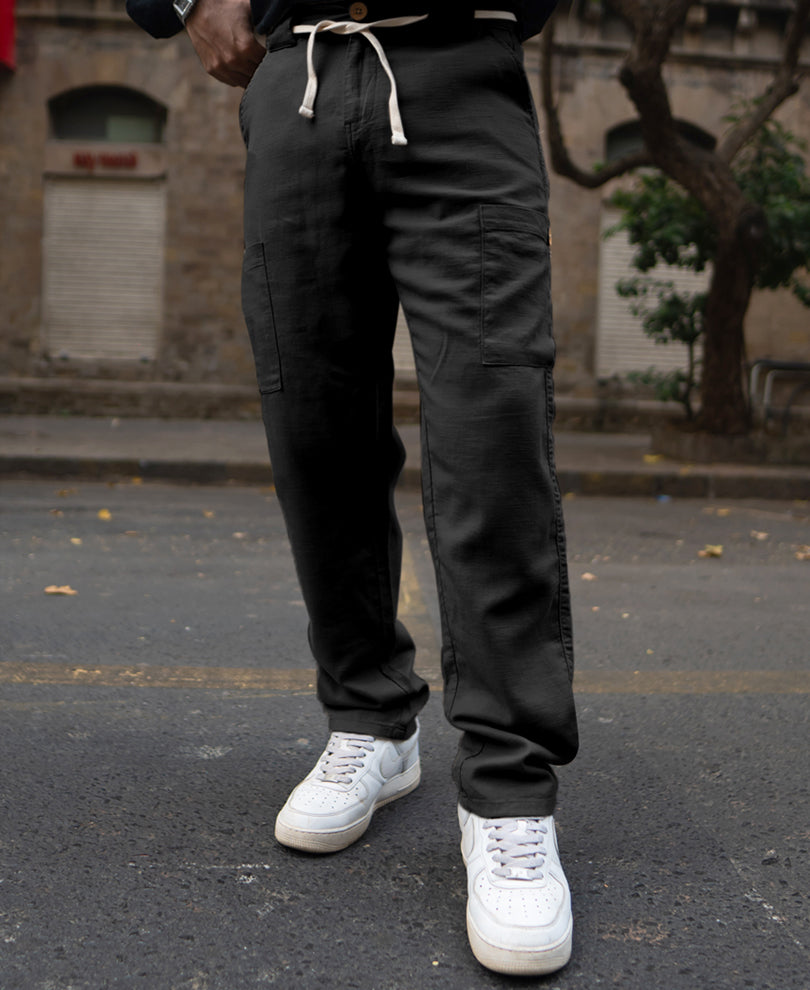 Black Cotton Cargo Trousers.