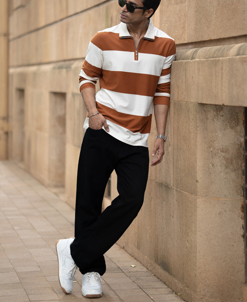 Tan Lightweight Striped T-Shirt.