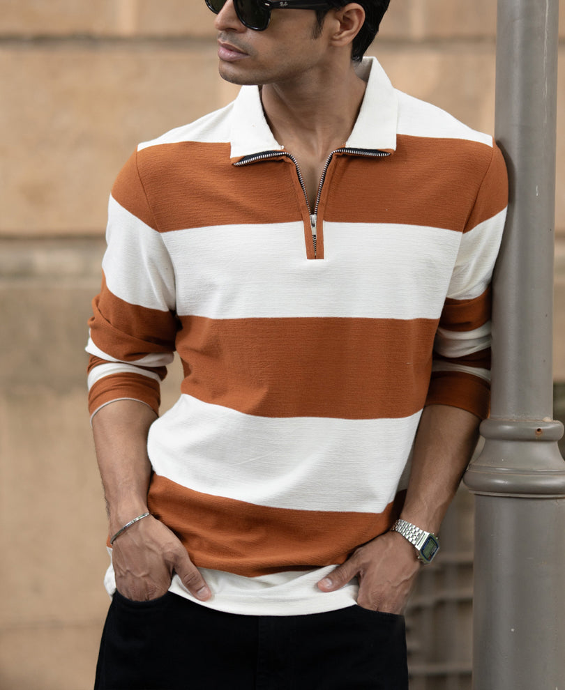 Tan Lightweight Striped T-Shirt.