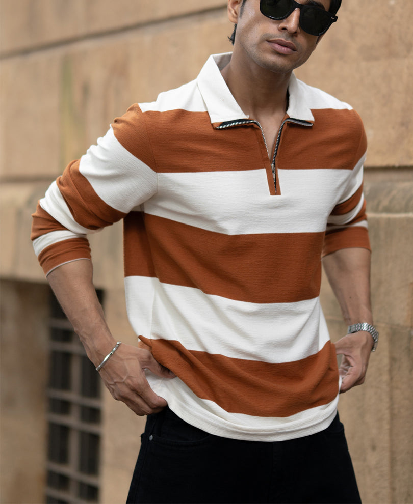Tan Lightweight Striped T-Shirt.