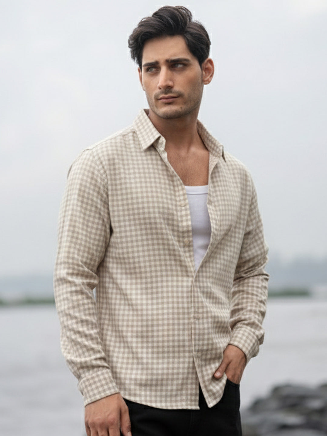 Beige  Checks Shirt.