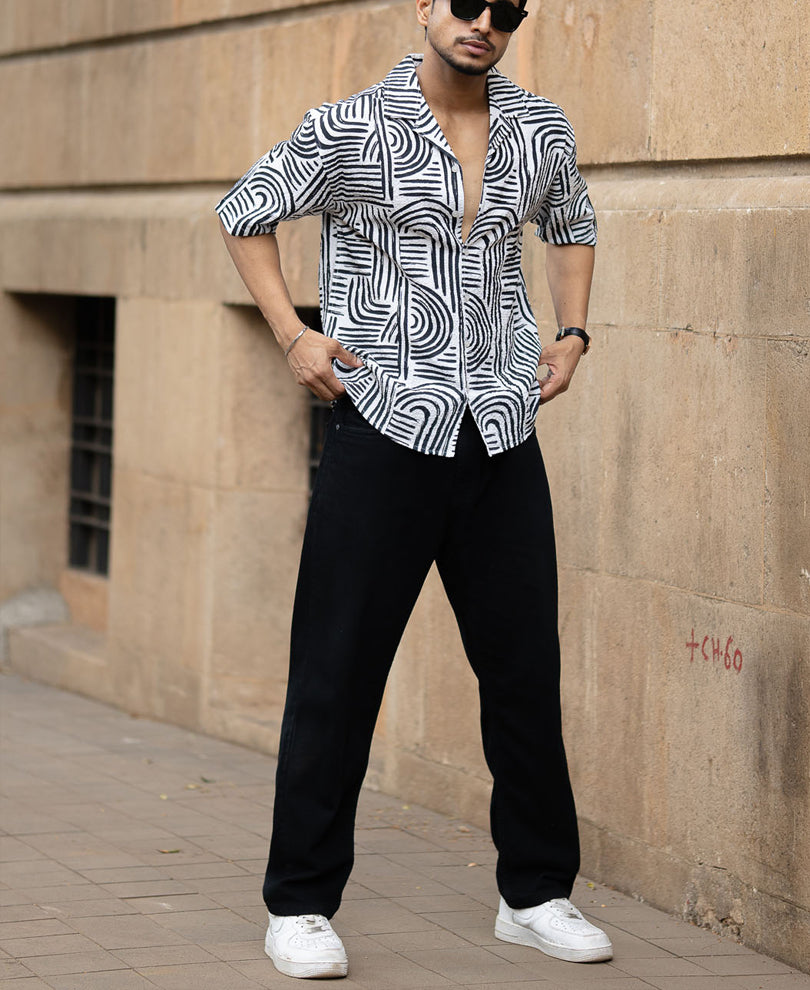 Black Abstract Lines Printed Shirt.