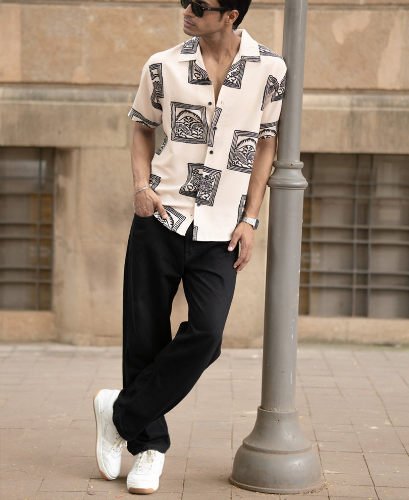 Beige Structured Printed Shirt.