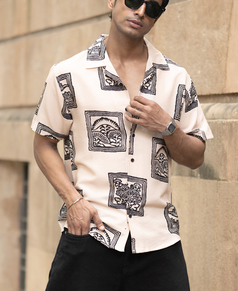 Beige Structured Printed Shirt.