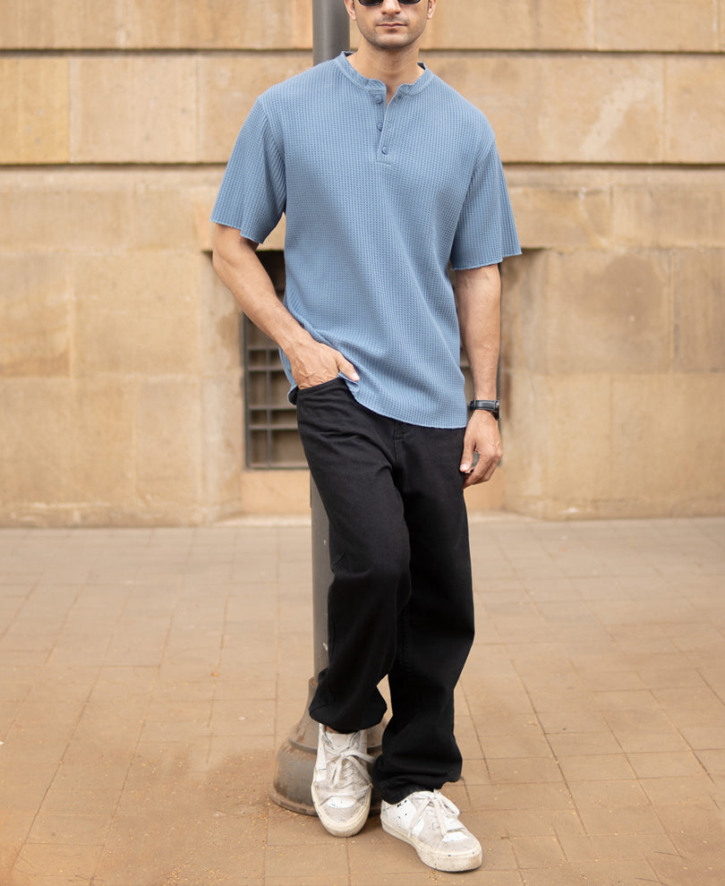 Blue Structure Knit Henley T-Shirt.