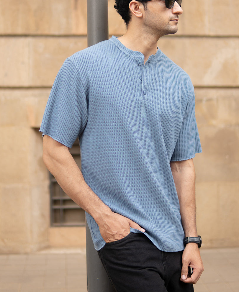 Blue Structure Knit Henley T-Shirt.