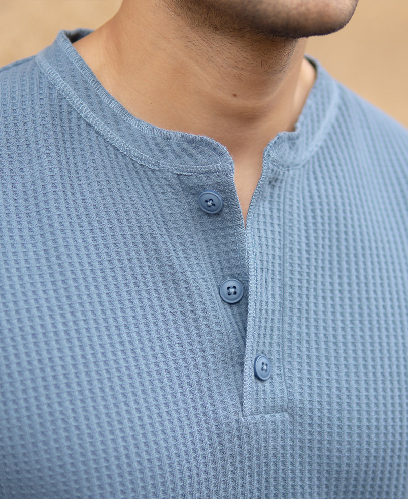 Blue Structure Knit Henley T-Shirt.