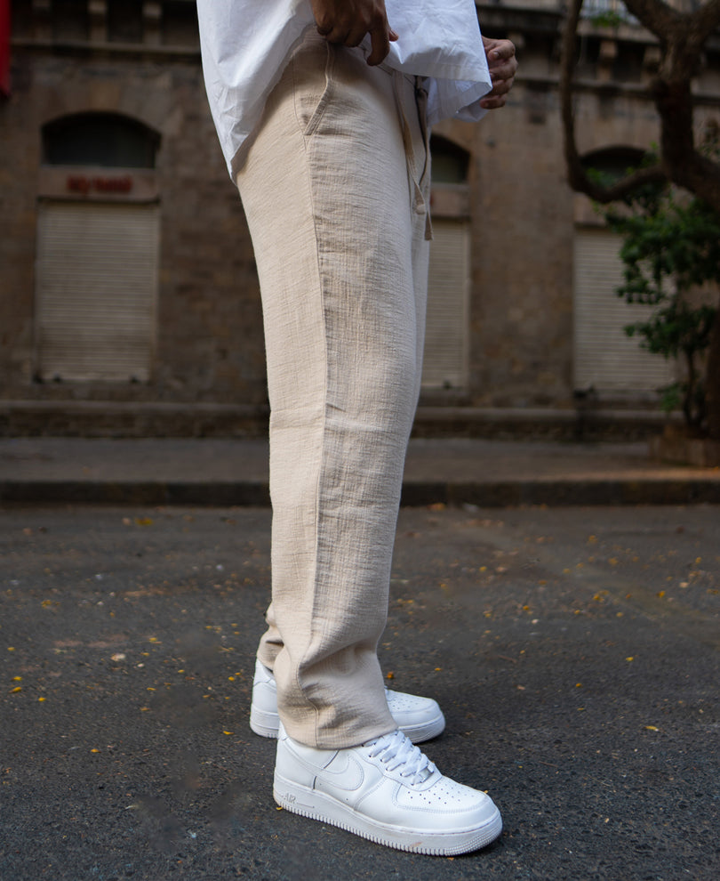Beige Regular Fit Crinkled Trousers.