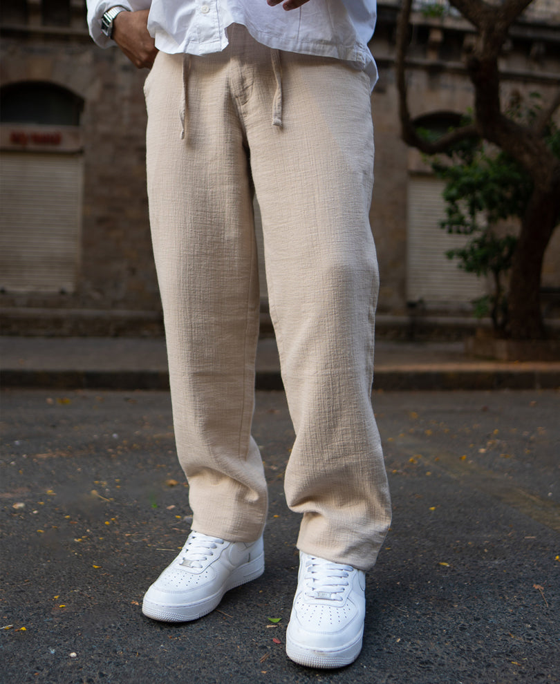 Beige Regular Fit Crinkled Trousers.