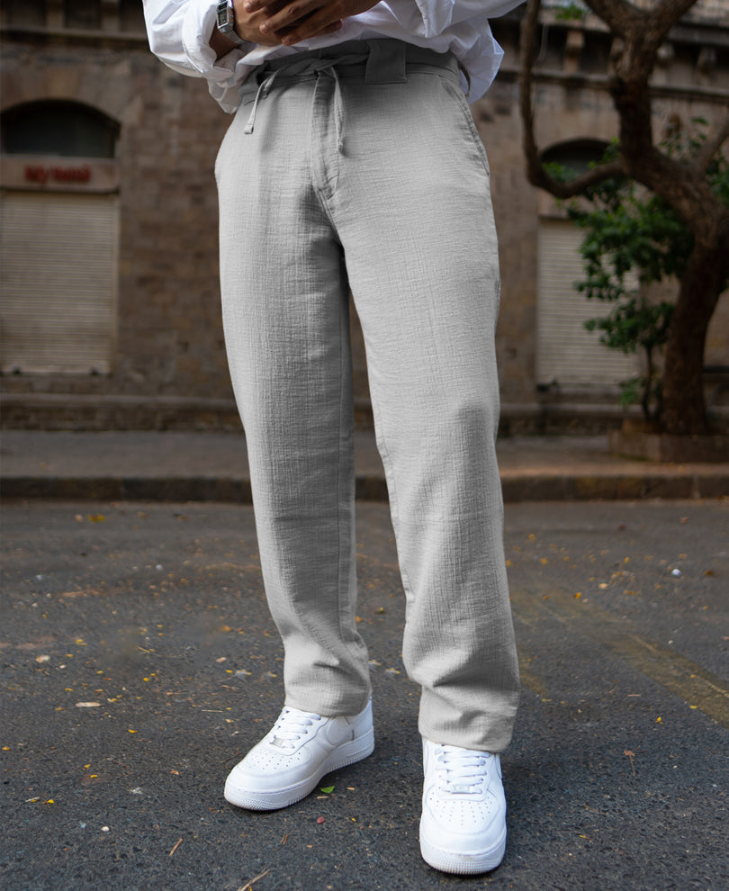 Grey Regular Fit Crinkled Trousers.
