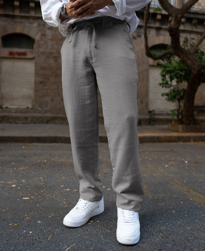 Grey Regular Fit Crinkled Trousers