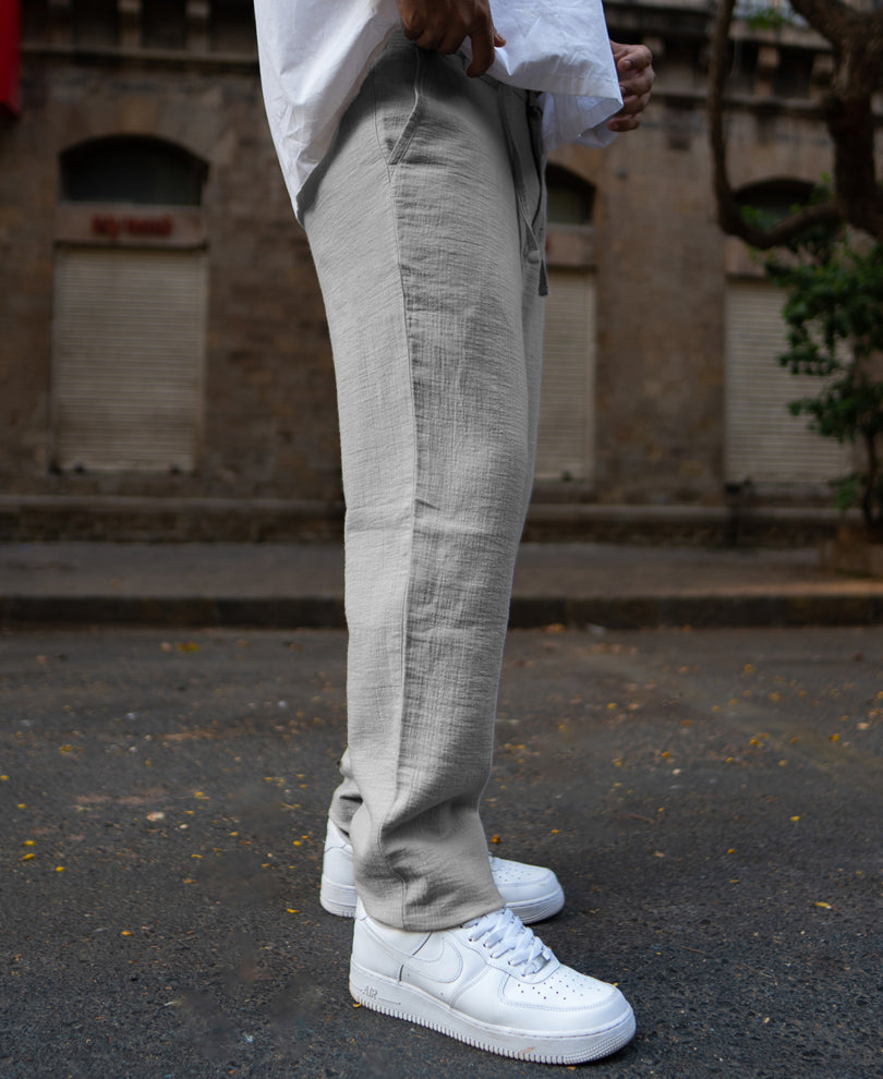 Grey Regular Fit Crinkled Trousers.