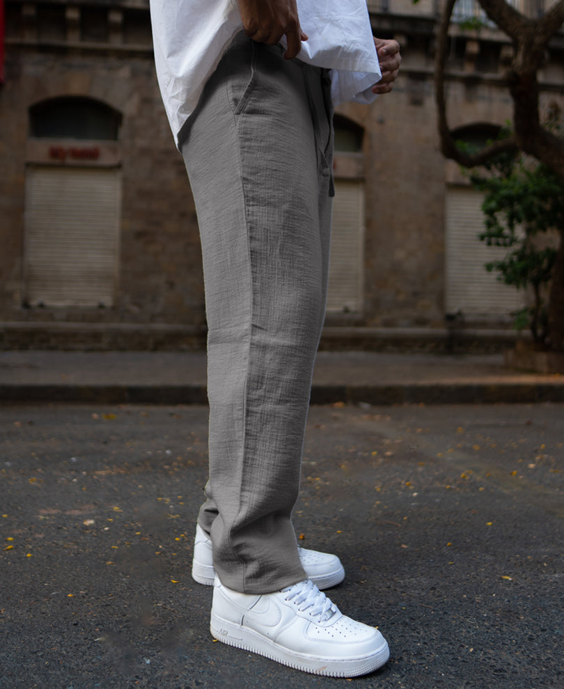 Grey Regular Fit Crinkled Trousers