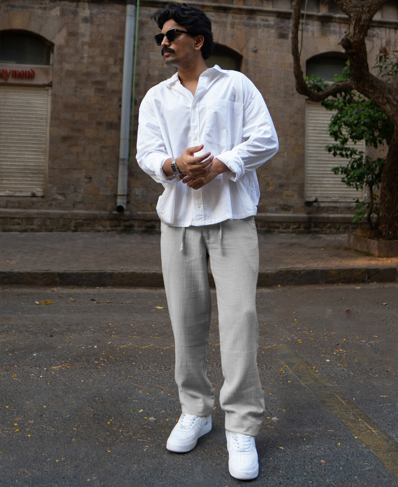 Grey Regular Fit Crinkled Trousers.
