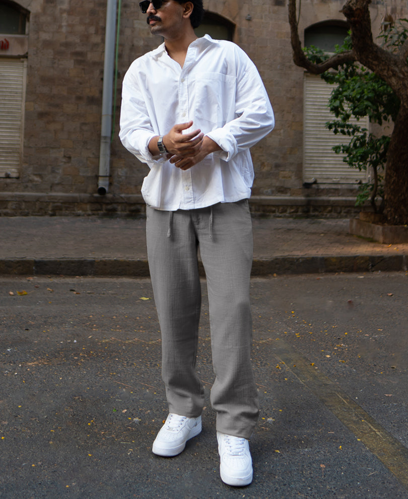 Grey Regular Fit Crinkled Trousers