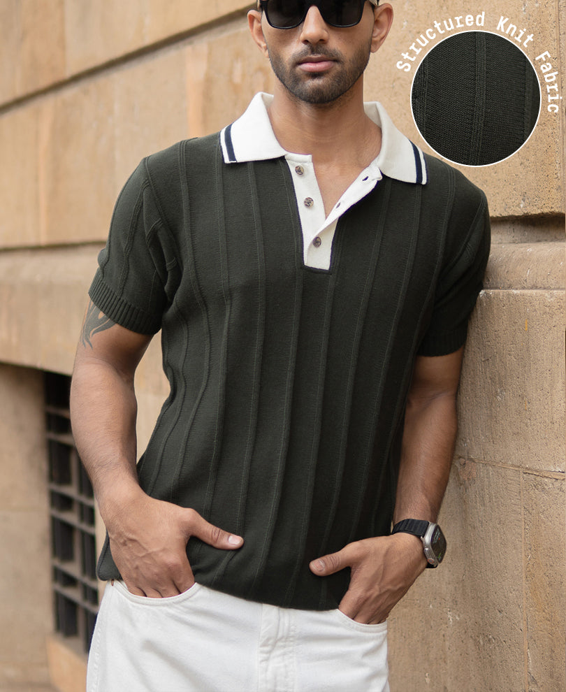 Olive Contrast Collar Knit T-Shirt.