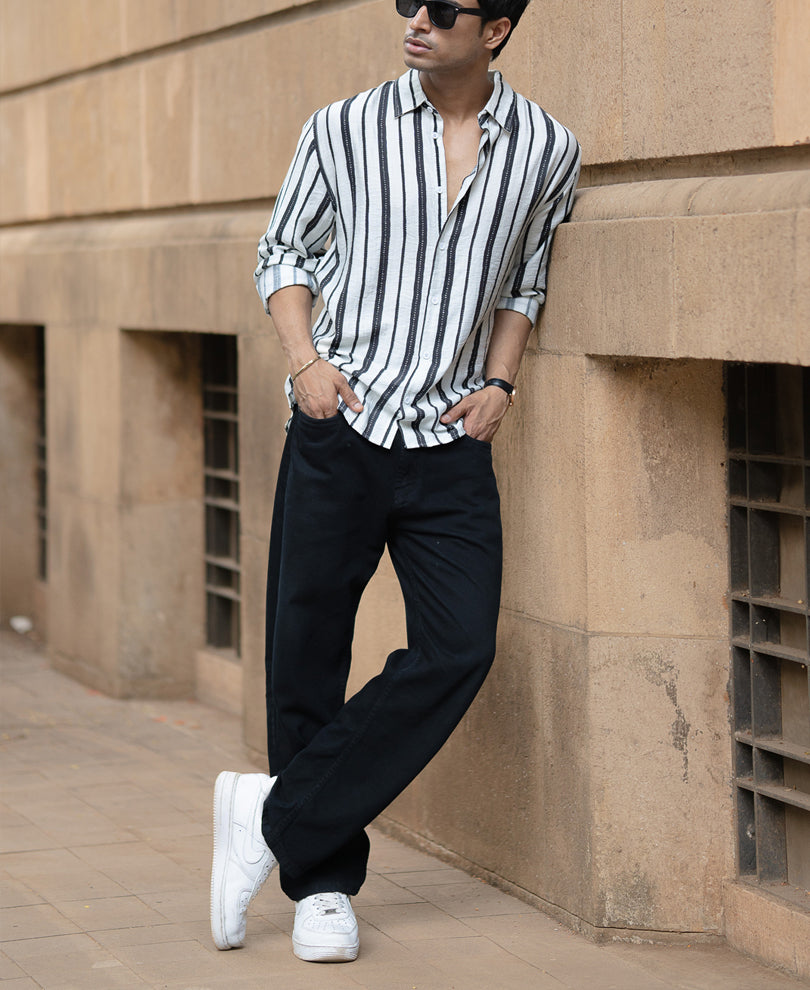 White And Black Striped Flowy Shirt.