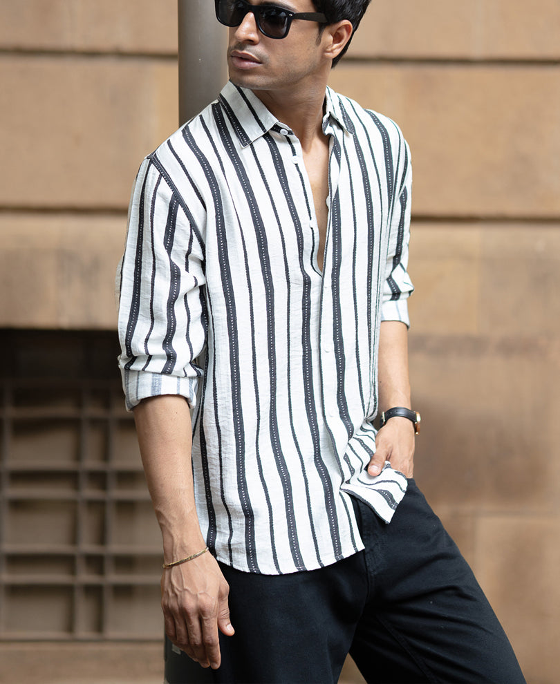 White And Black Striped Flowy Shirt.