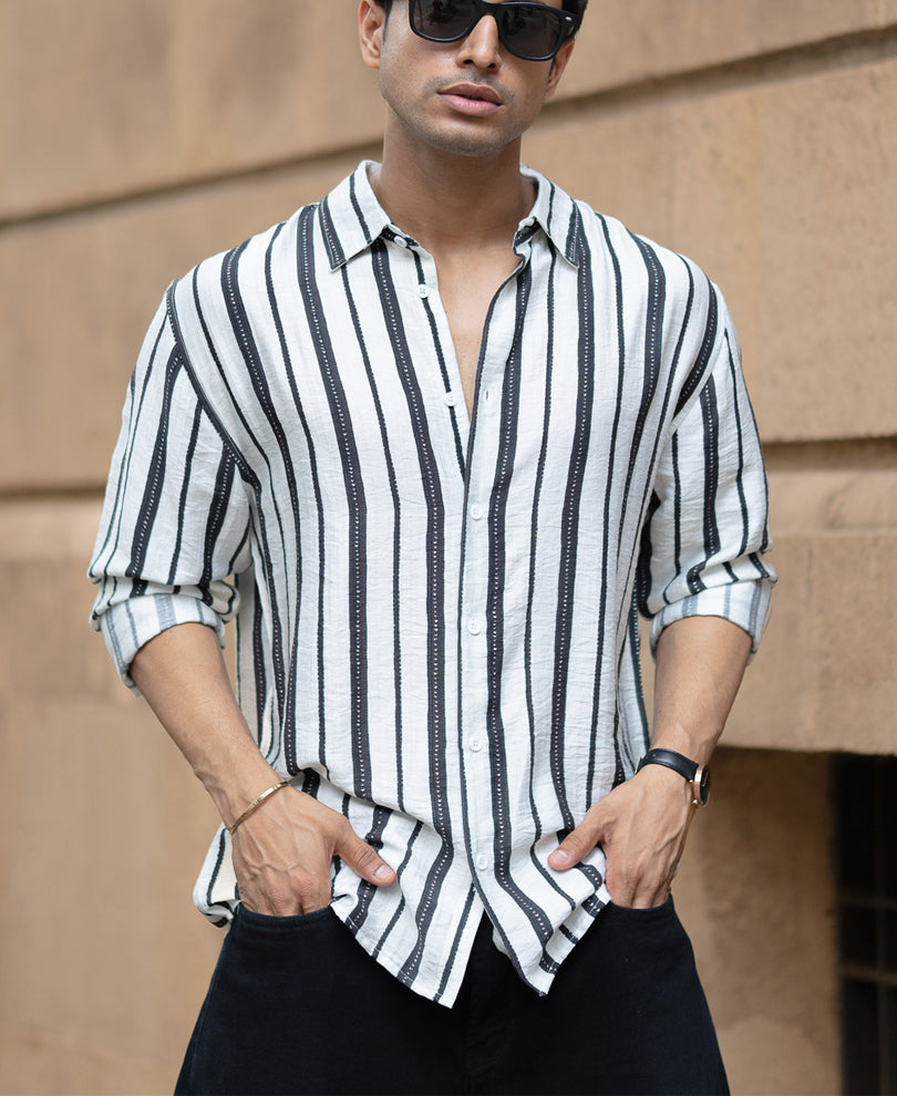 White And Black Striped Flowy Shirt.