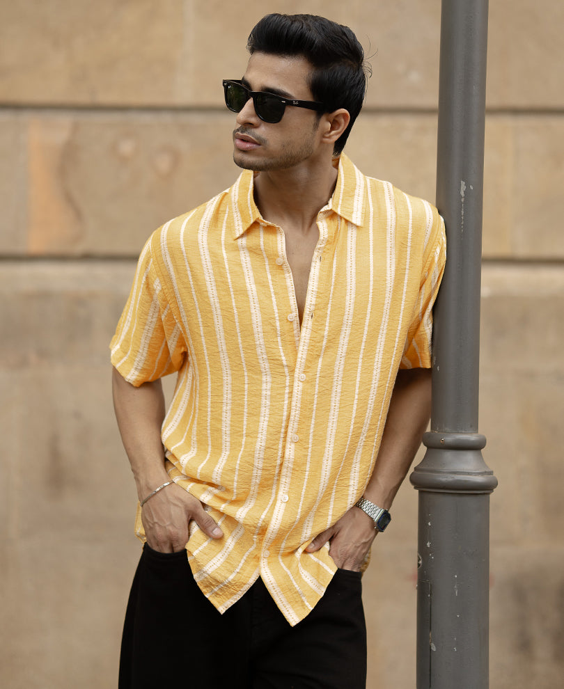 Yellow Printed Stripe Flowy Shirt.