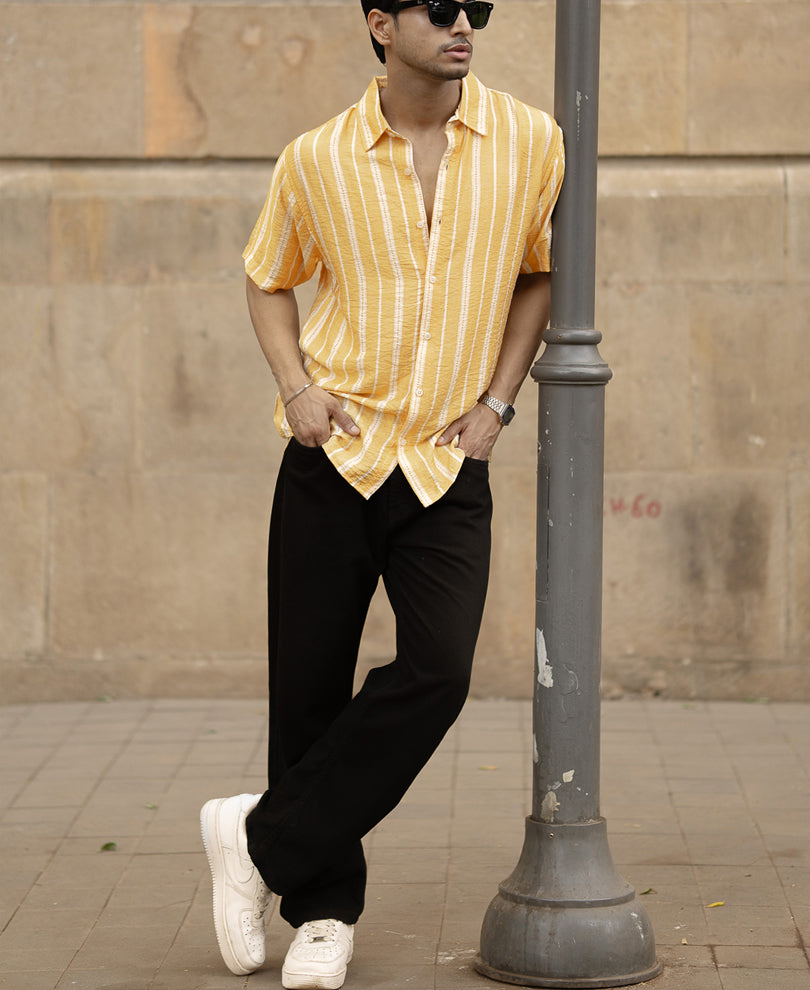 Yellow Printed Stripe Flowy Shirt.