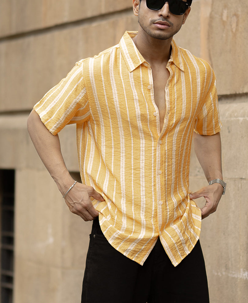 Yellow Printed Stripe Flowy Shirt.