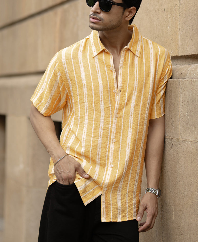 Yellow Printed Stripe Flowy Shirt.
