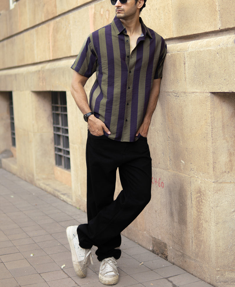 Olive And Navy Lightweight Stripe Shirt.