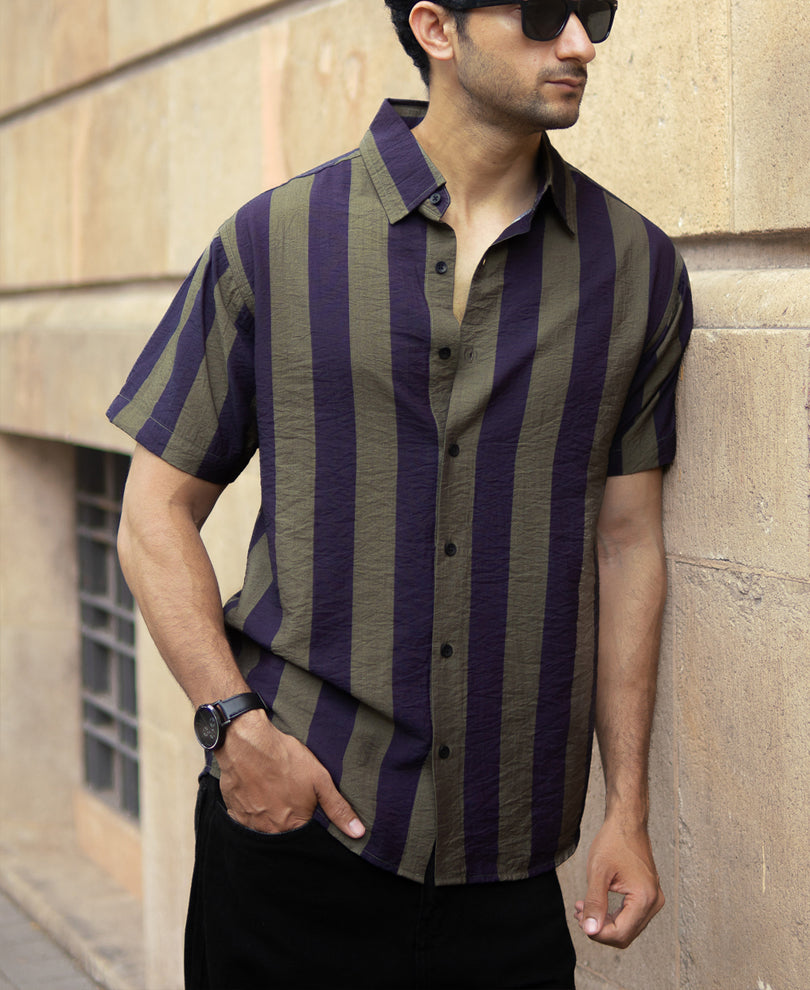 Olive And Navy Lightweight Stripe Shirt.
