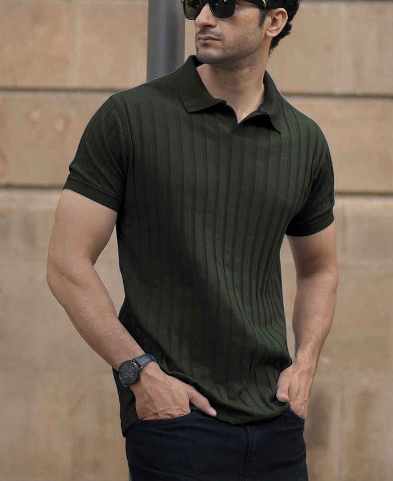 Dark Olive Self Stripe T-Shirt.