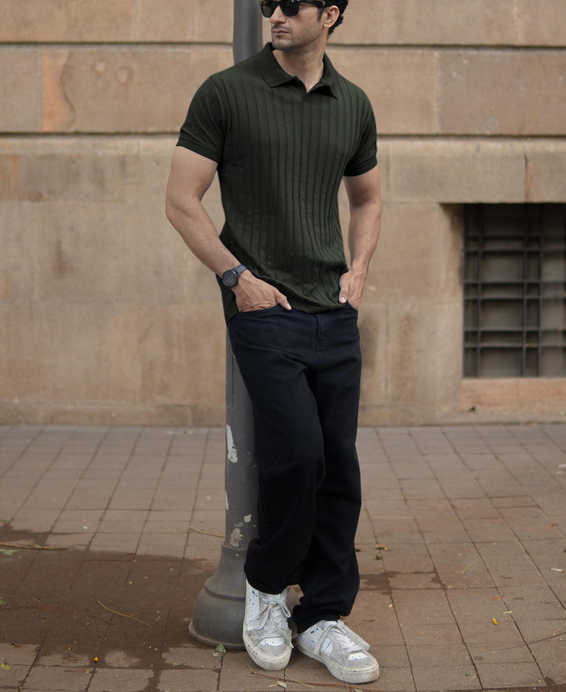 Dark Olive Self Stripe T-Shirt.