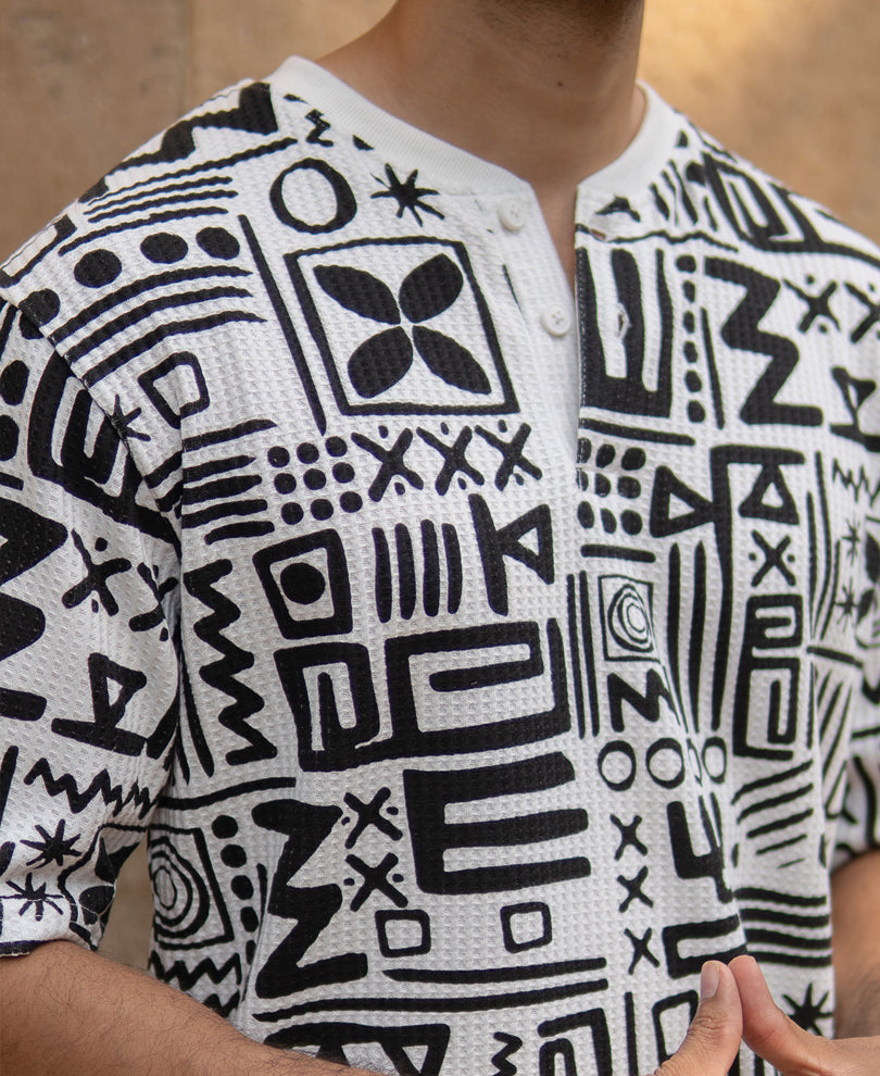 White And Black Printed Henley T-Shirt.