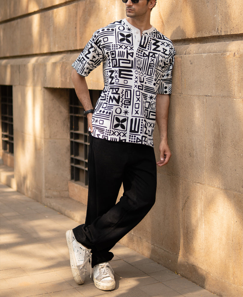 White And Black Printed Henley T-Shirt.