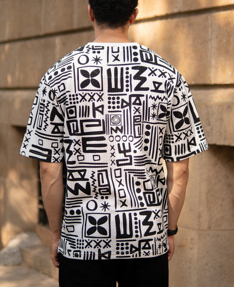 White And Black Printed Henley T-Shirt.