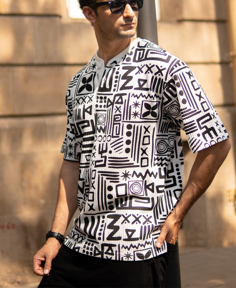 White And Black Printed Henley T-Shirt.