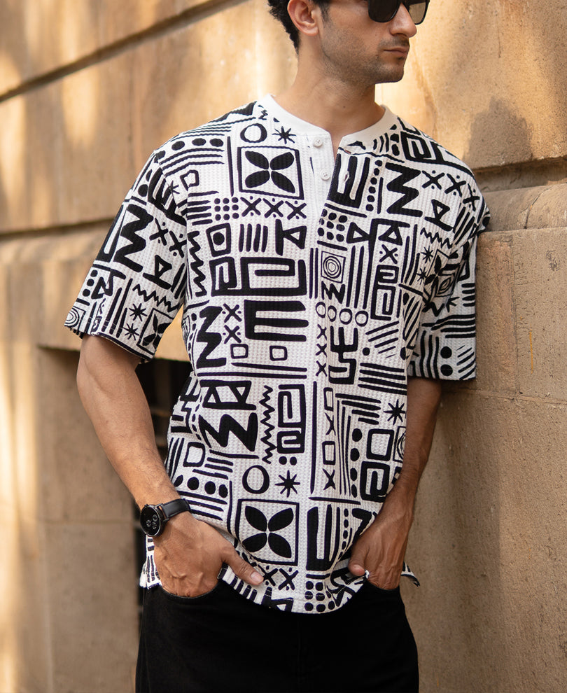 White And Black Printed Henley T-Shirt.