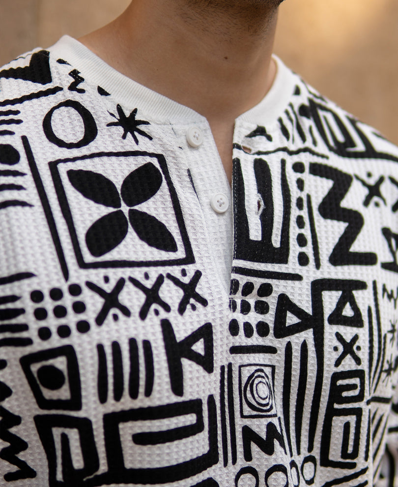 White And Black Printed Henley T-Shirt.