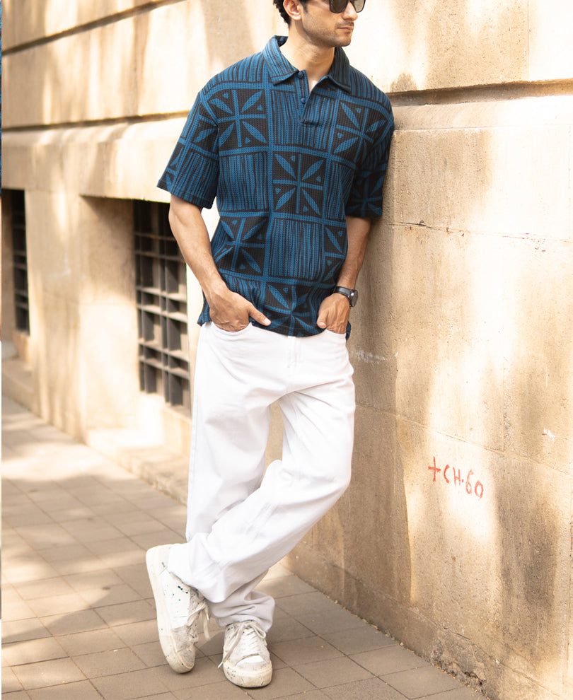 Blue Printed Polo T-Shirt.