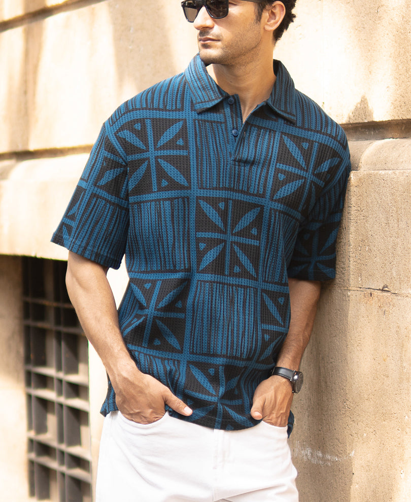 Blue Printed Polo T-Shirt.