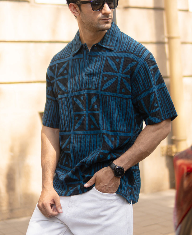 Blue Printed Polo T-Shirt.
