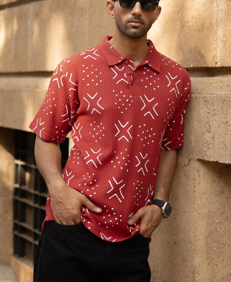 Brick Red Printed Polo T-Shirt.