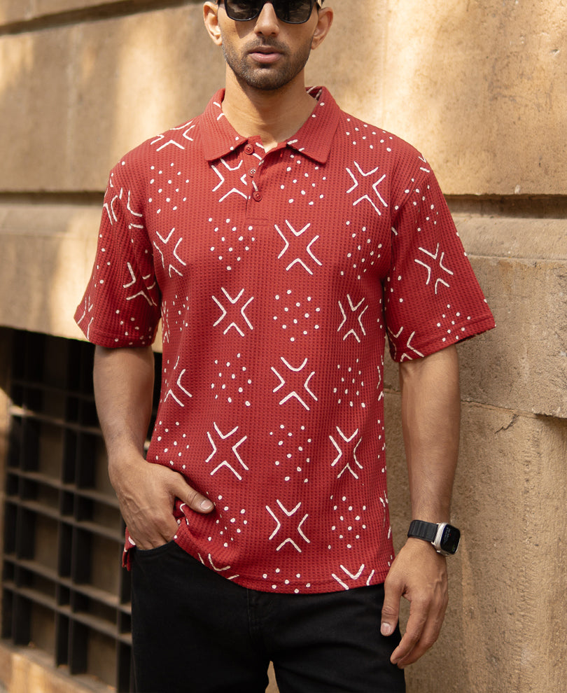 Brick Red Printed Polo T-Shirt.