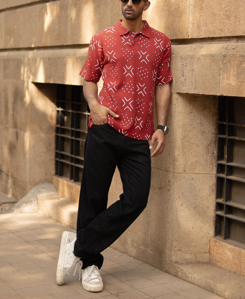 Brick Red Printed Polo T-Shirt.